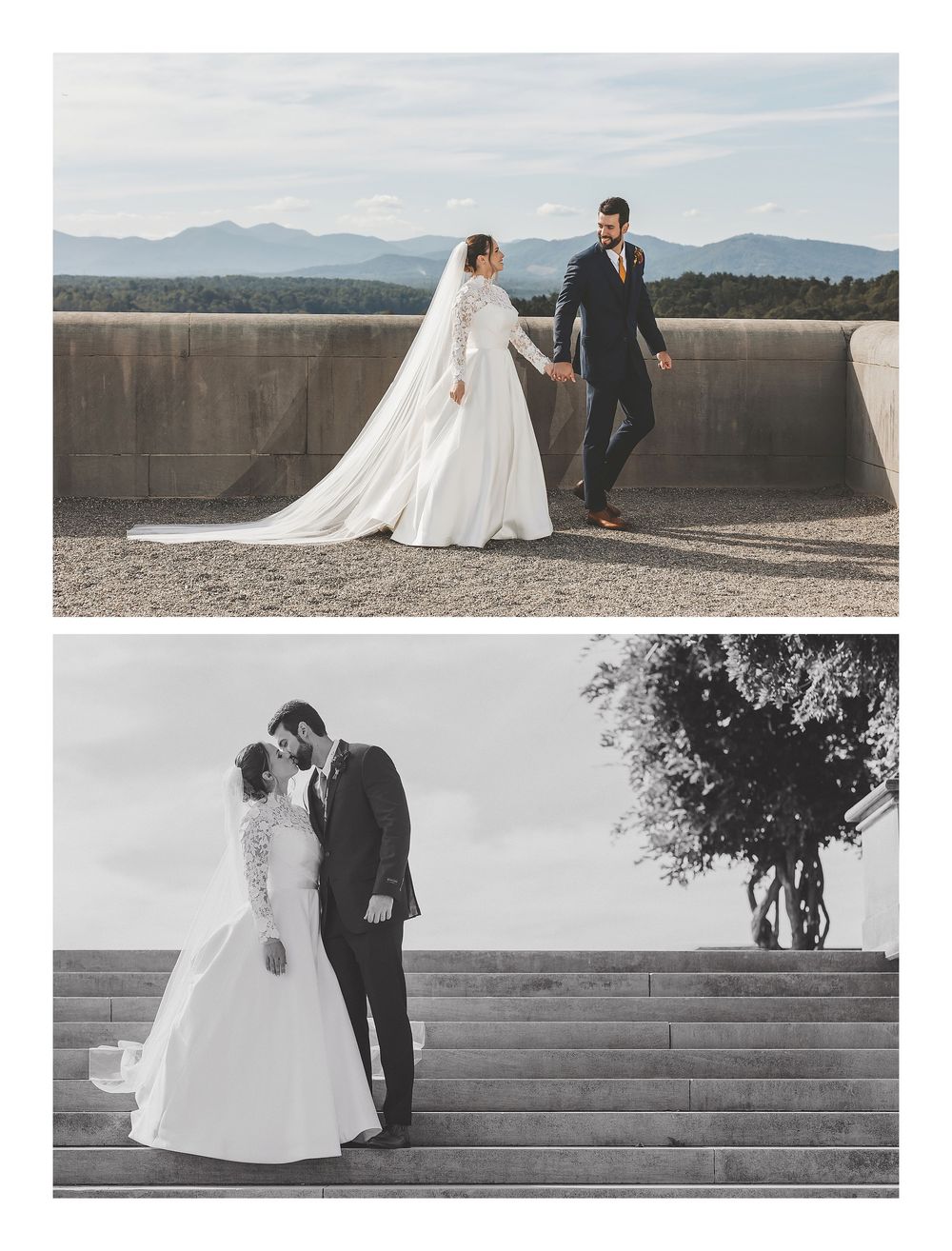 Newlyweds pose together on stone steps against a scenic mountain backdrop during their elegant outdoor wedding photoshoot.