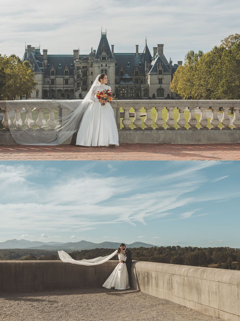 A panoramic series of wedding photos showing a couple in formal attire posing along a stone balcony at a grand estate.