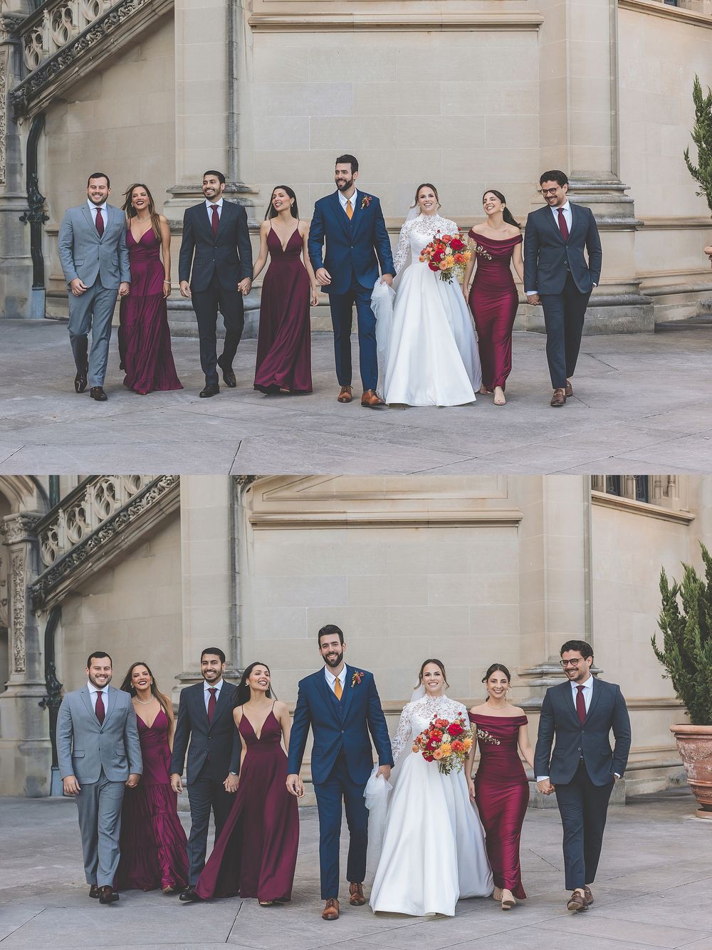 Wedding party in burgundy dresses and suits walking together outside a stone building in formal portrait style.