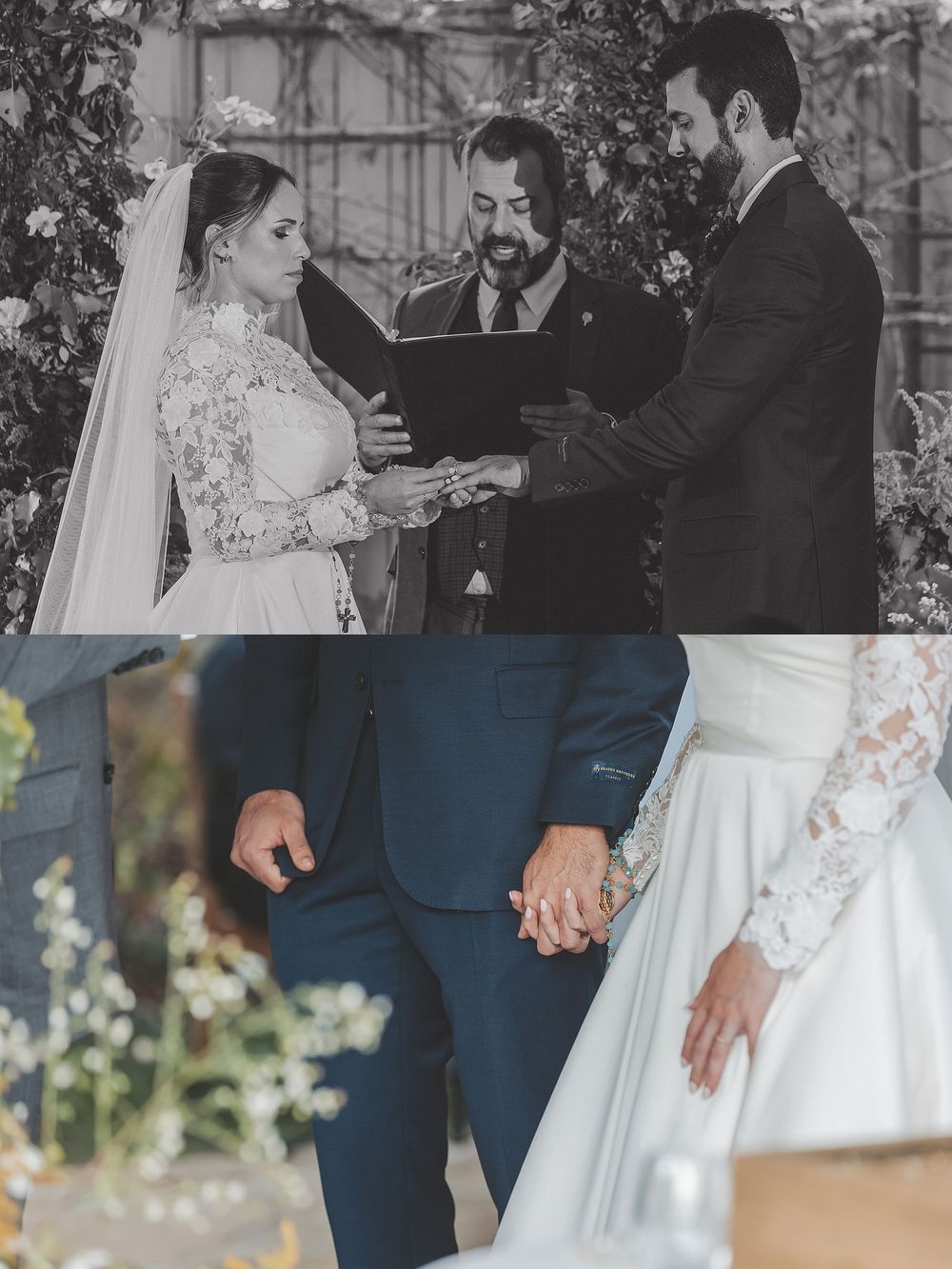 A couple shares a tender moment during their wedding ceremony in an elegant indoor venue with floral decorations.