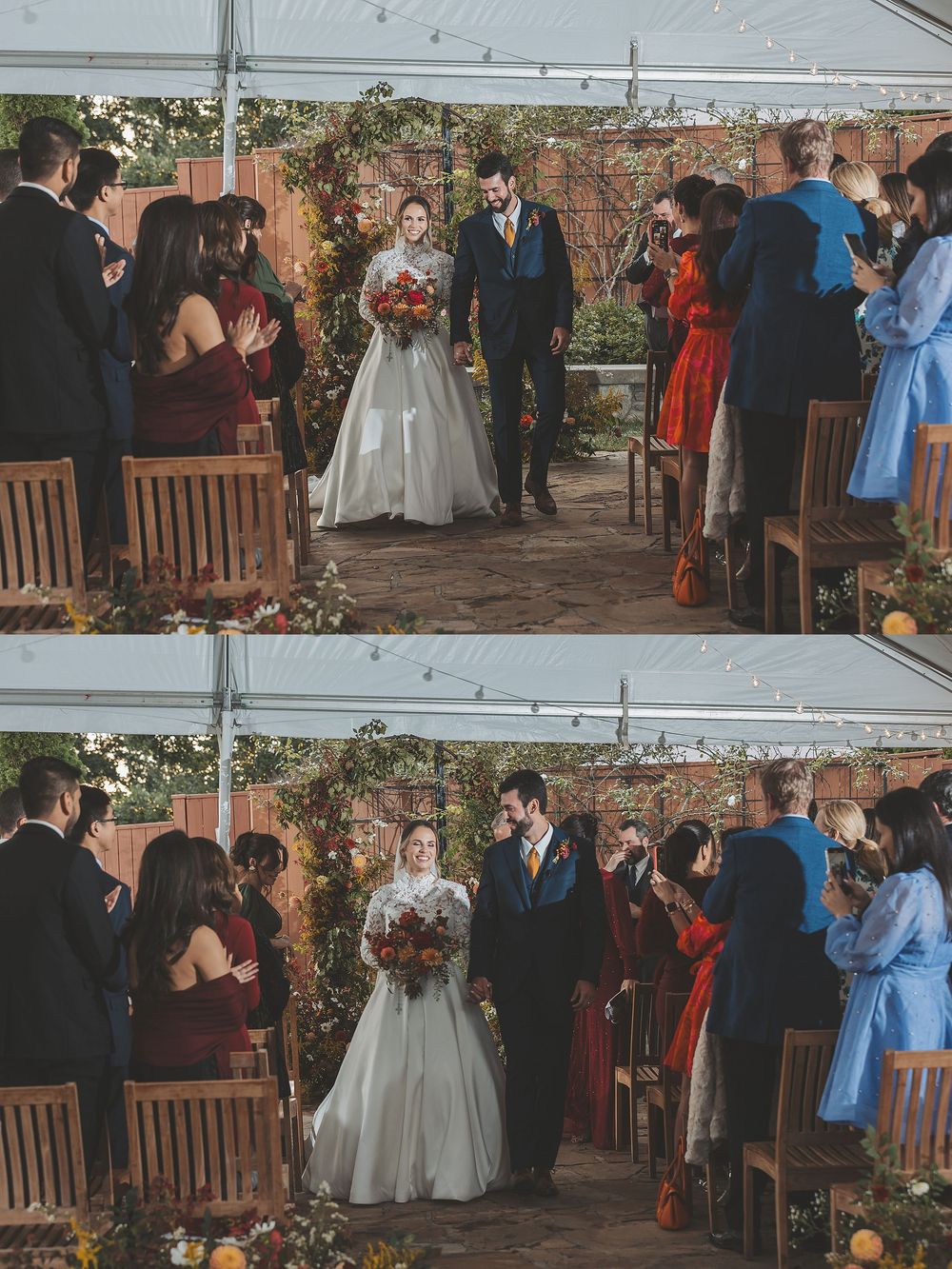 Couple at outdoor wedding ceremony with guests seated on wooden chairs surrounded by greenery and brick walls.