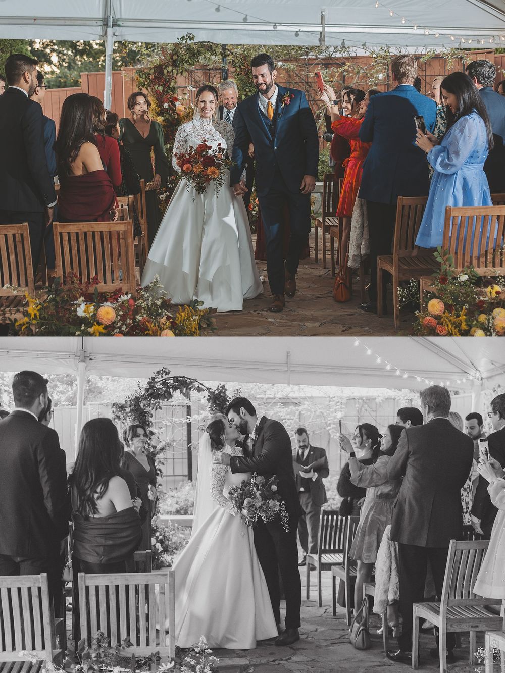 Wedding guests gather around tables at an outdoor reception venue decorated with string lights and rustic details.