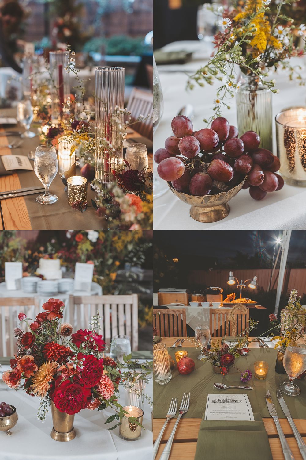 Rustic wedding reception tables decorated with autumn flowers, candles, and wooden accents create an intimate dining atmosphere.