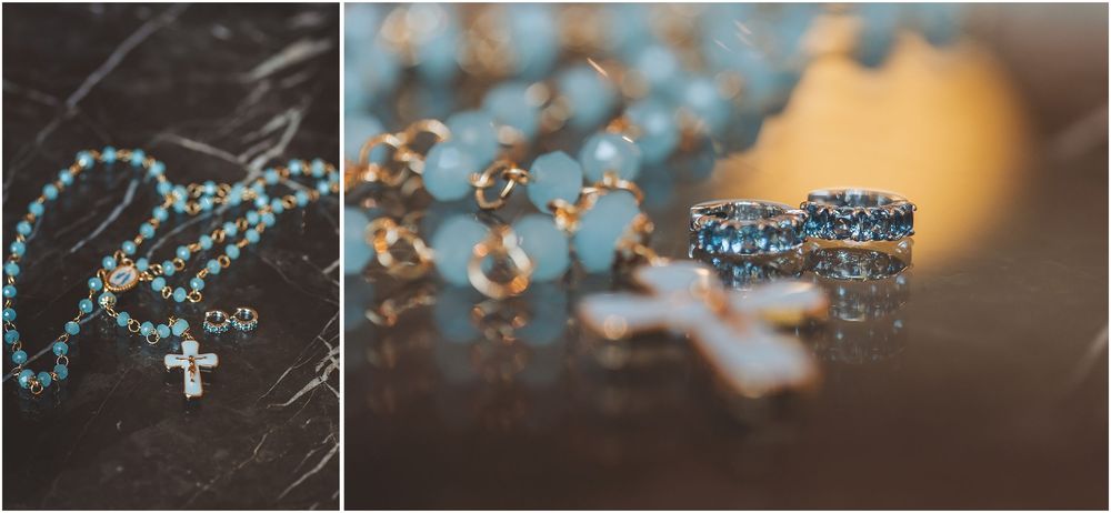 Delicate strands of turquoise crystal beads shimmer against a soft blurred brown background in macro detail.