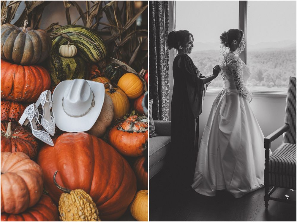 A creative collage of autumn wedding photos featuring pumpkins, black and white moments, and romantic seasonal details.