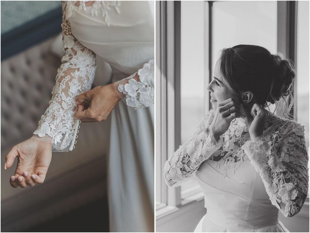 A series of elegant wedding dress details showing delicate lace patterns and fabric textures in black and white photography.