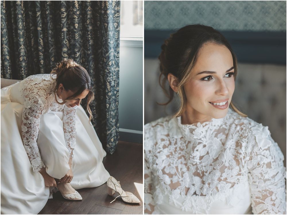 Elegant white lace wedding dress details shown in a series of close-up photographs highlighting delicate embroidery and design.