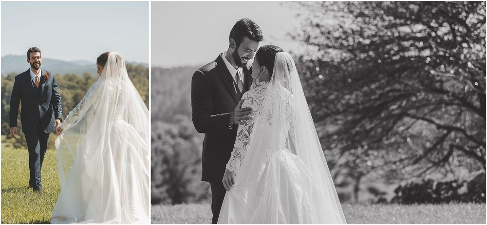 A couple in wedding attire walks together through a grassy field on their special day, shown in both color and black and white.