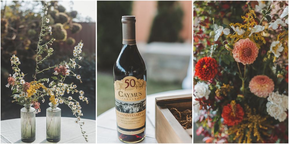 A collection of wedding decor photos featuring floral arrangements, champagne bottles, and rustic table settings.