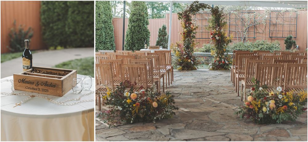 Rustic outdoor wedding ceremony setup with wooden chairs and colorful floral arrangements along a stone pathway.