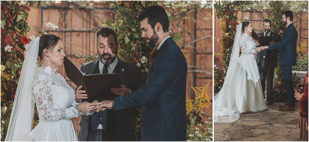 Wedding ceremony photos showing romantic moments between newlyweds in front of a brick building at sunset.