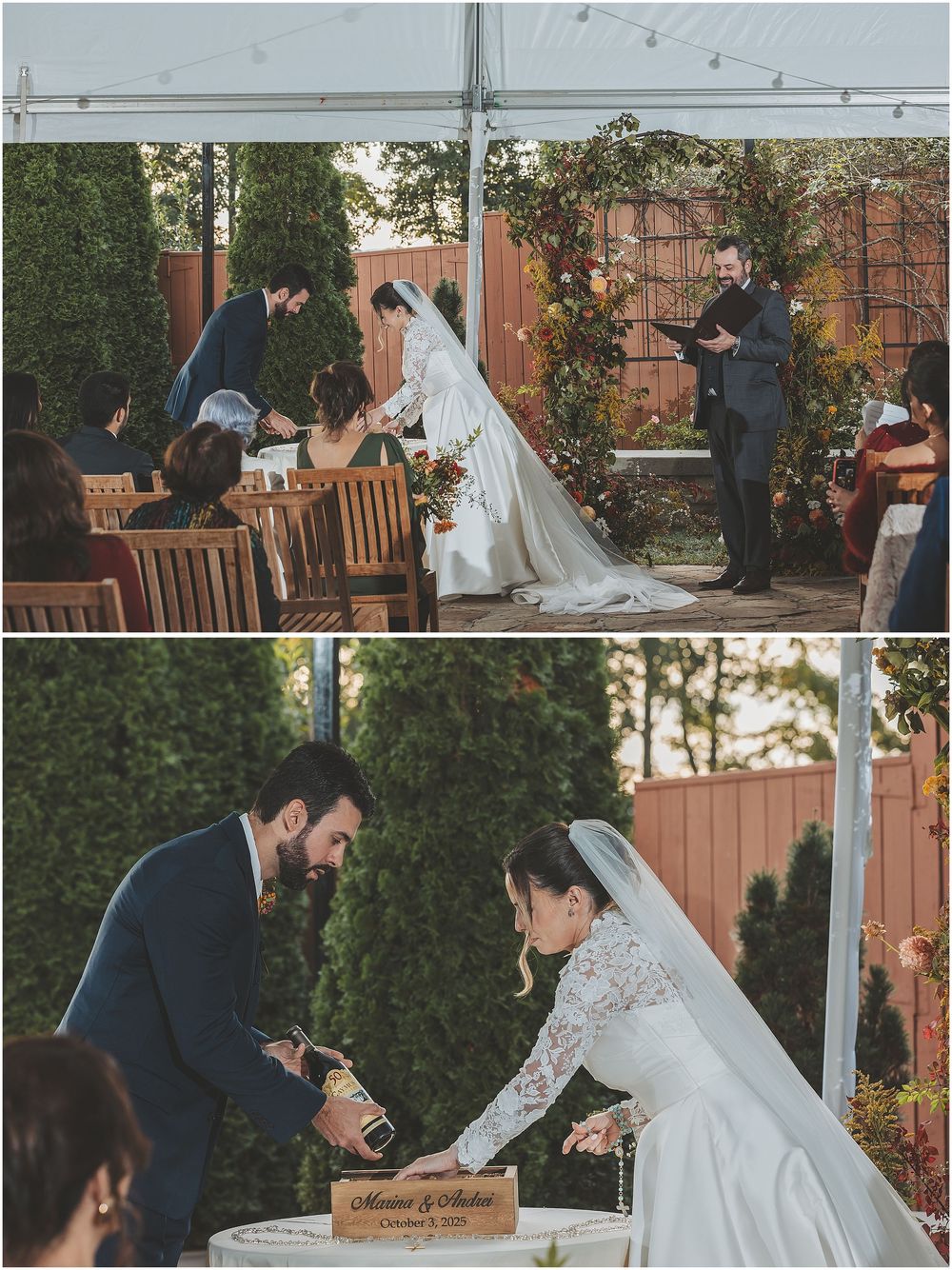 A wedding couple participates in a ceremonial wine box ritual at an outdoor garden reception.