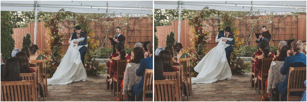 A series of connected photos showing a couple in formal attire walking through a rustic outdoor setting.