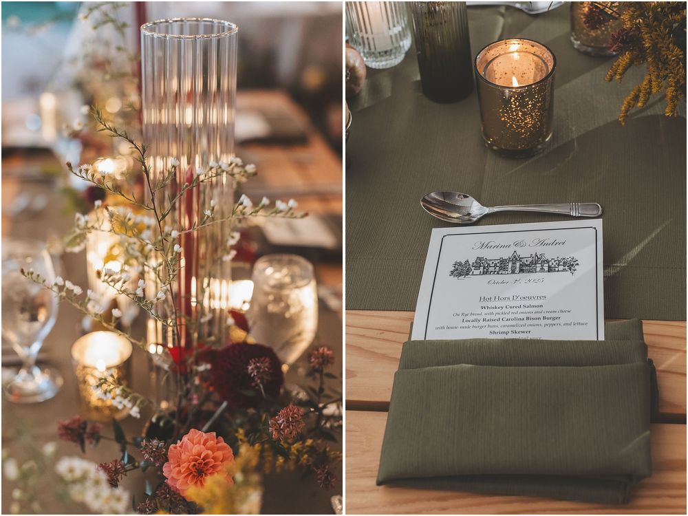 Elegant wedding reception table settings with glass candle holders and floral centerpieces in warm ambient lighting.