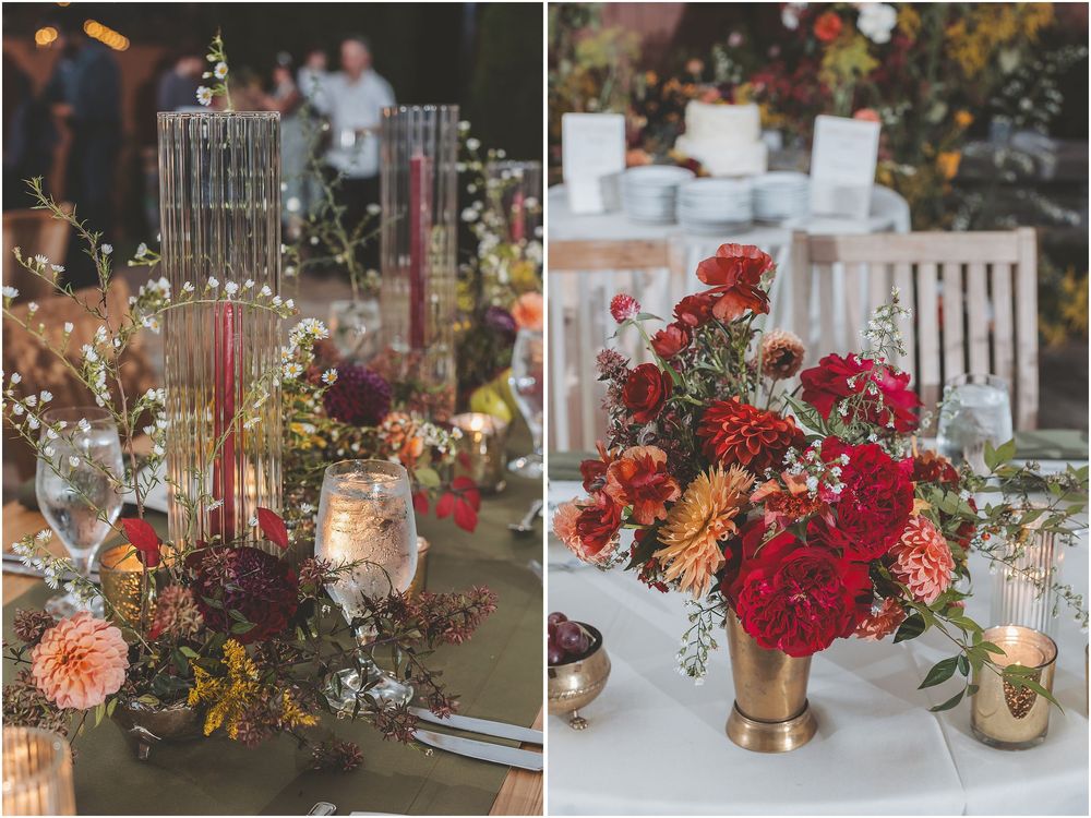Wedding reception table settings feature burgundy and peach floral centerpieces with gold accents and candlelight.