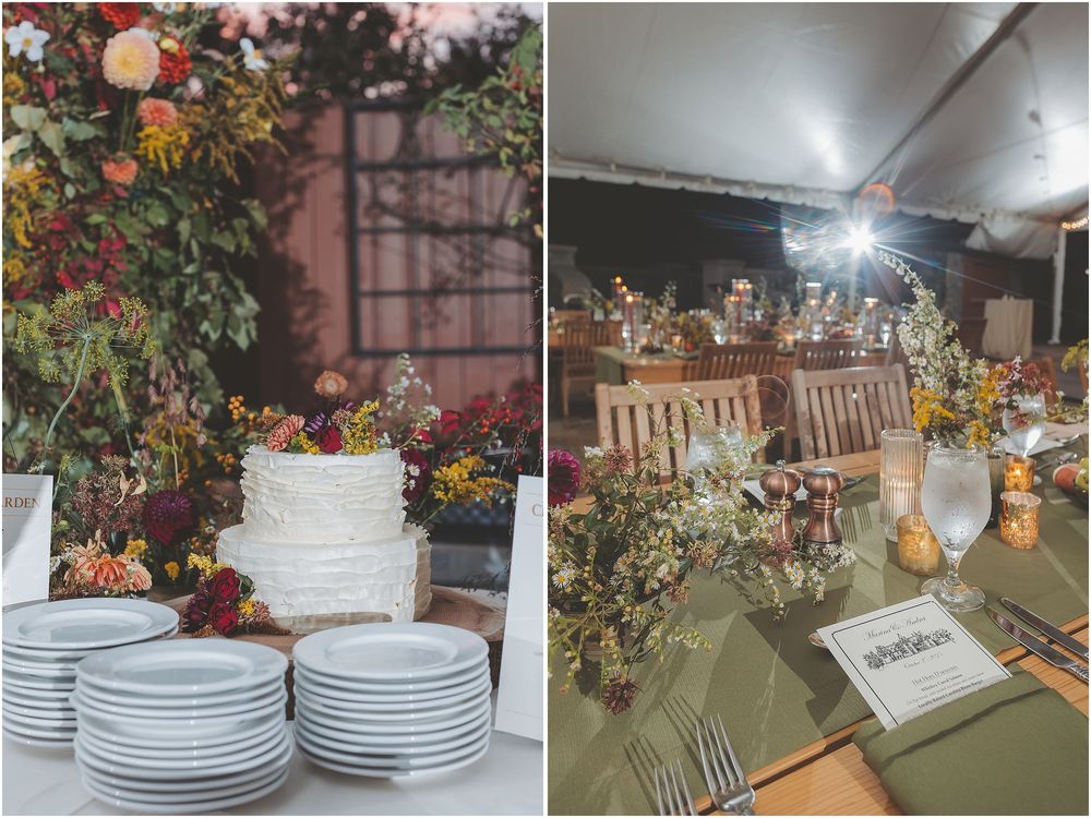 Elegant rustic wedding reception tables decorated with autumn floral arrangements and vintage-inspired place settings.