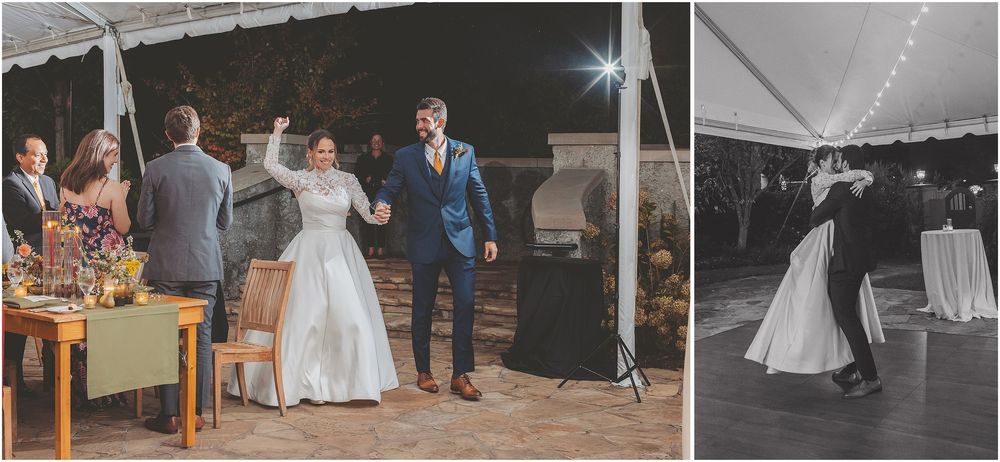 A sequence of black and white wedding photos showing reception details, dancing, and candid moments at a celebration.