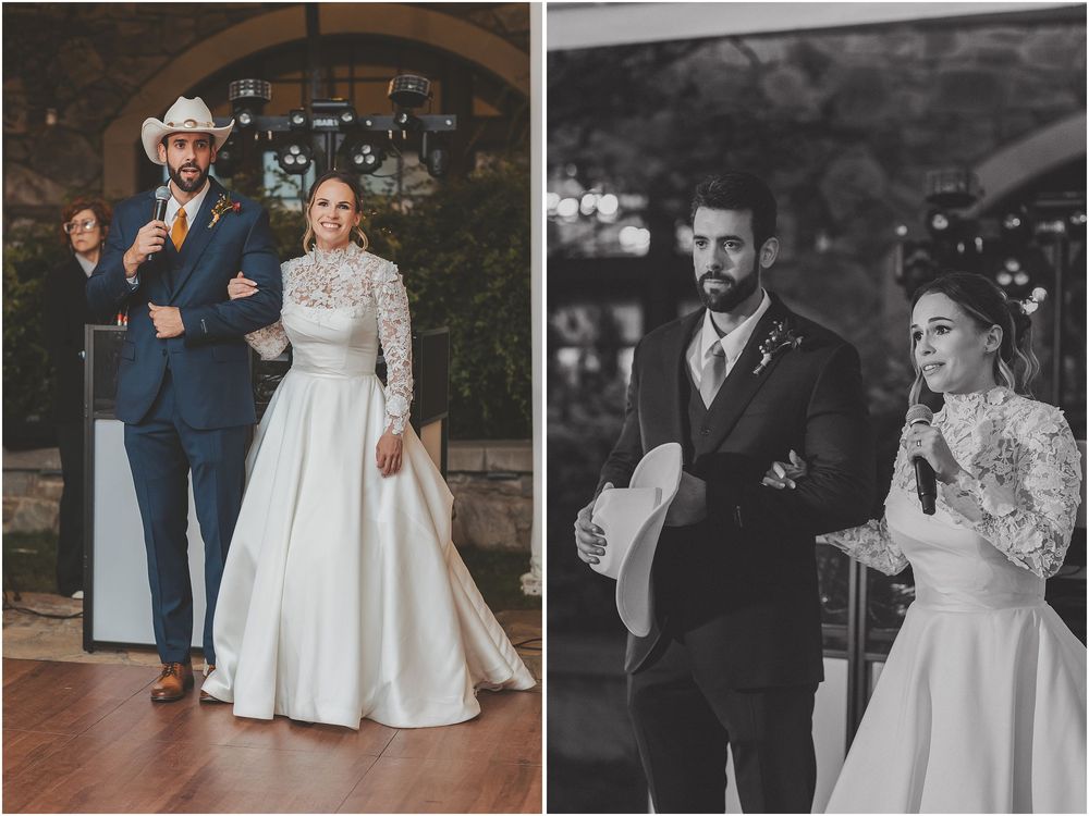 Rustic wedding couple poses together in a barn venue, shown in both color and black and white photos.