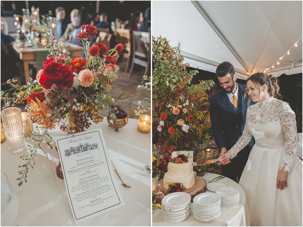 A wedding reception table decorated with elegant floral arrangements, white linens, and candlelight creates a romantic atmosphere.