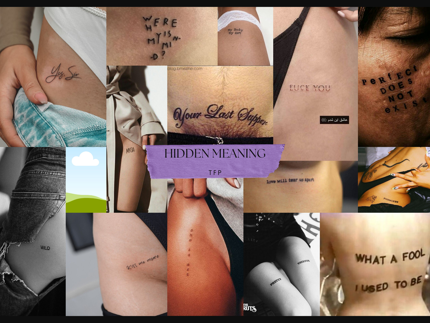 A collage of various tattoos and body art showing handwritten text and quotes in different styles and placements.