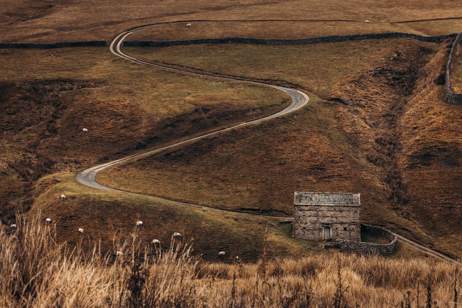 Winding mountain road through brown rolling hills with rustic buildings.