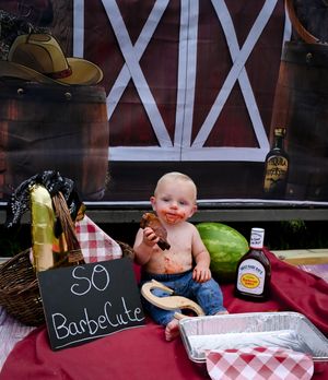 A series of outdoor picnic scenes with red and white checkered tablecloths, beverages, and watermelon displayed.