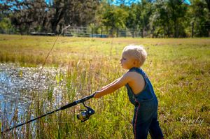 Young child explores nature with a fishing pole by a sunny pond on a warm summer day.