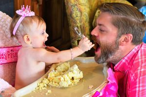 A sequence of photos shows someone eating a pie during a competitive pie eating contest.