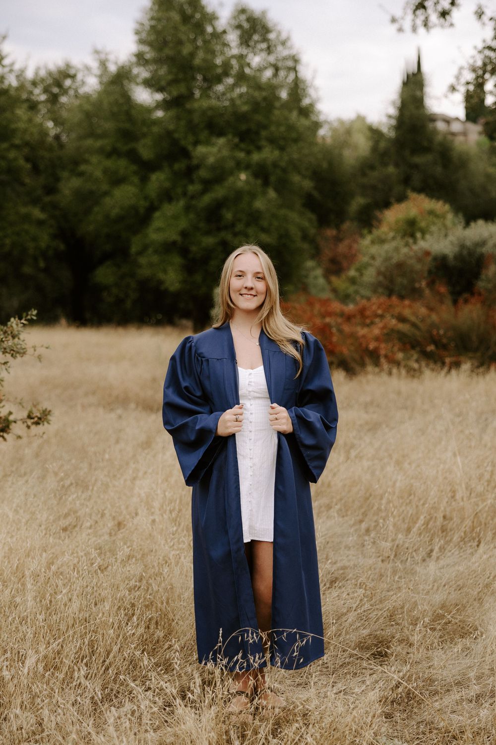 A figure stands in a golden field wearing a navy graduation gown against a natural outdoor backdrop.