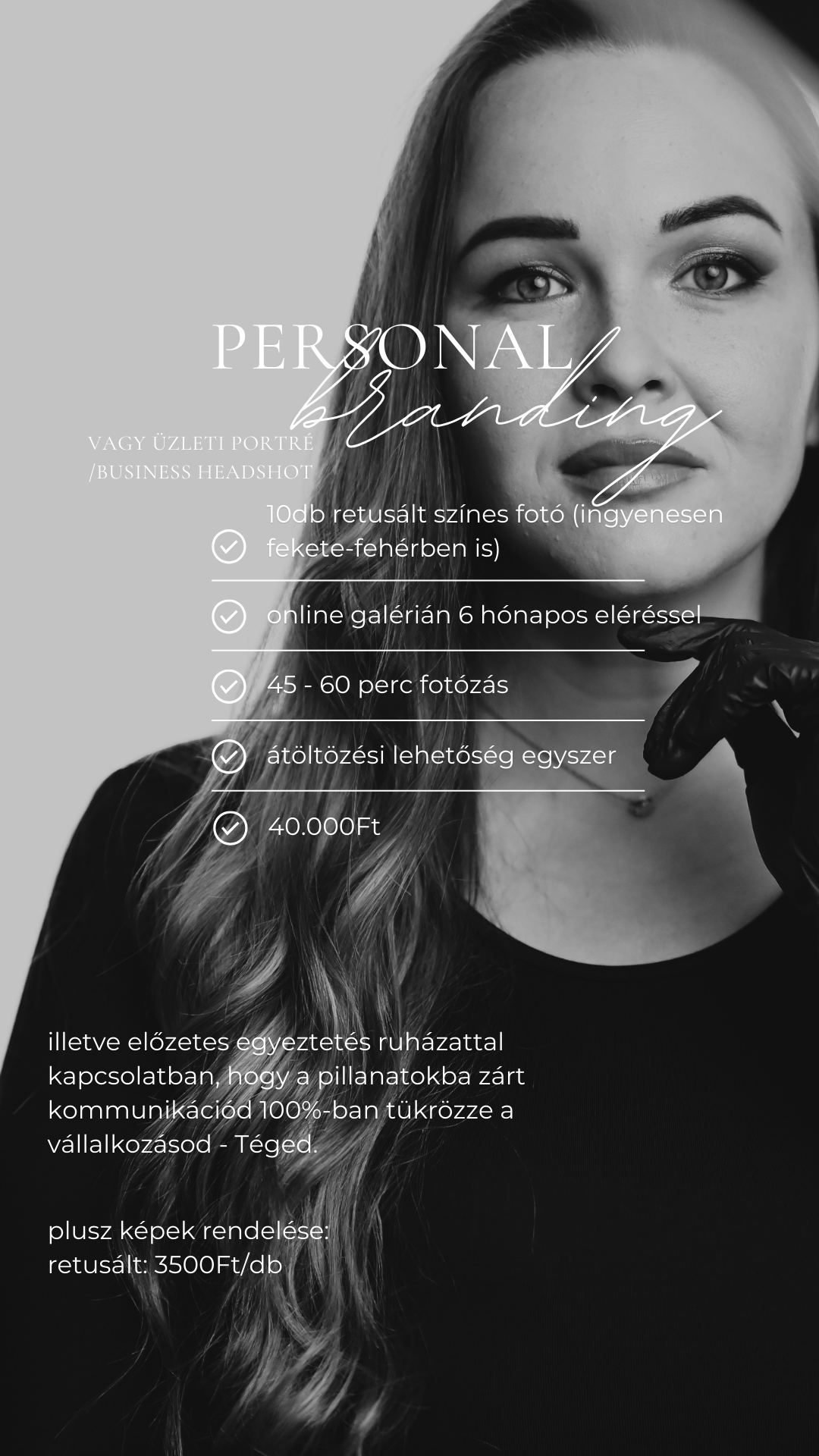 Black and white personal branding photography collage showing elegant headshots and business portfolio layouts.