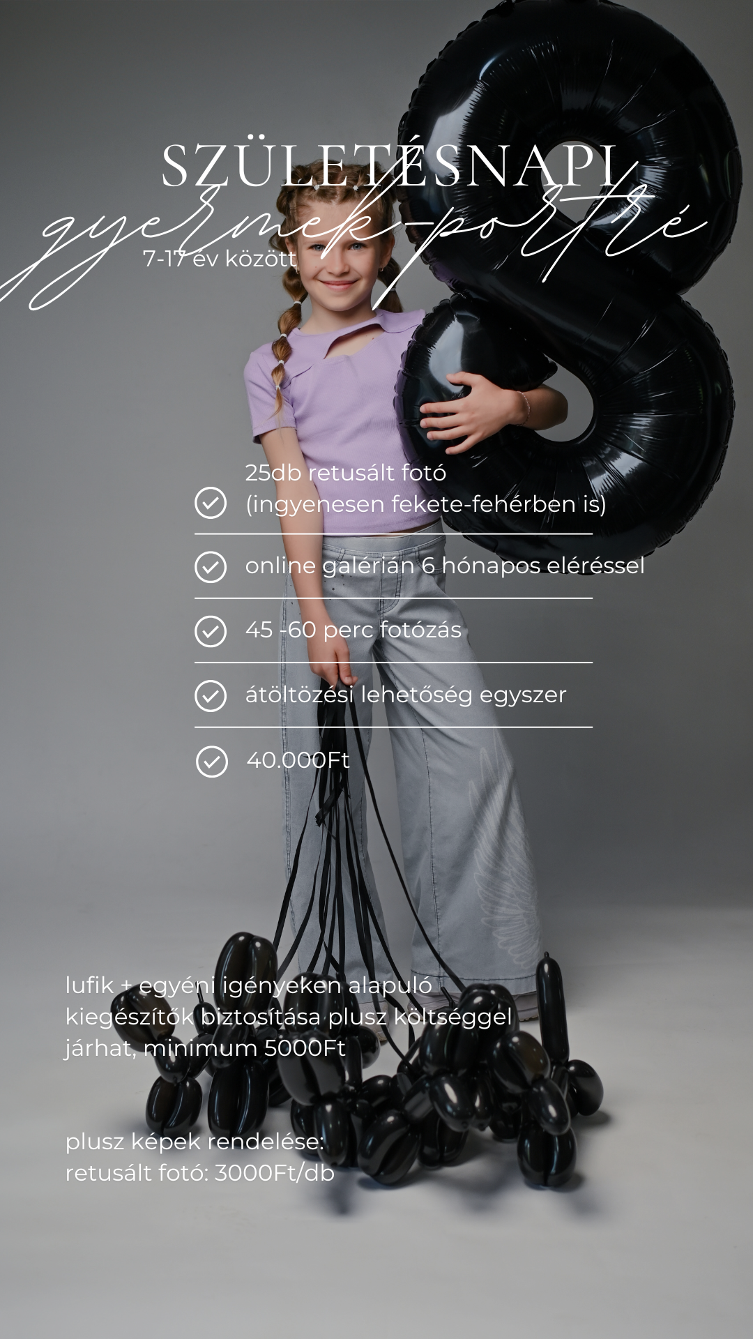 Black and white birthday photography advertisement showing pricing details and a person holding a large number 8 balloon.