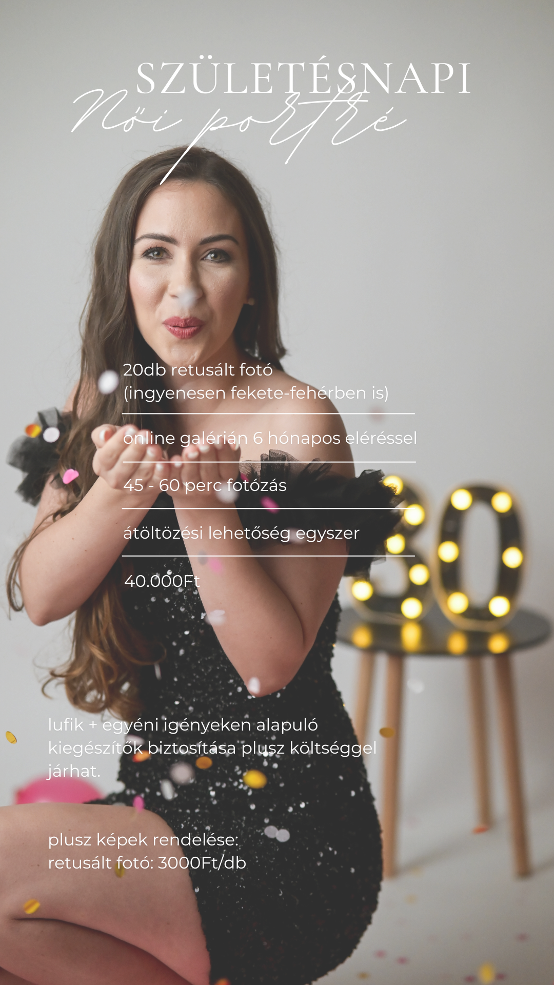 Four connected photos show someone in a black dress posing against a light background with text overlays in Hungarian.