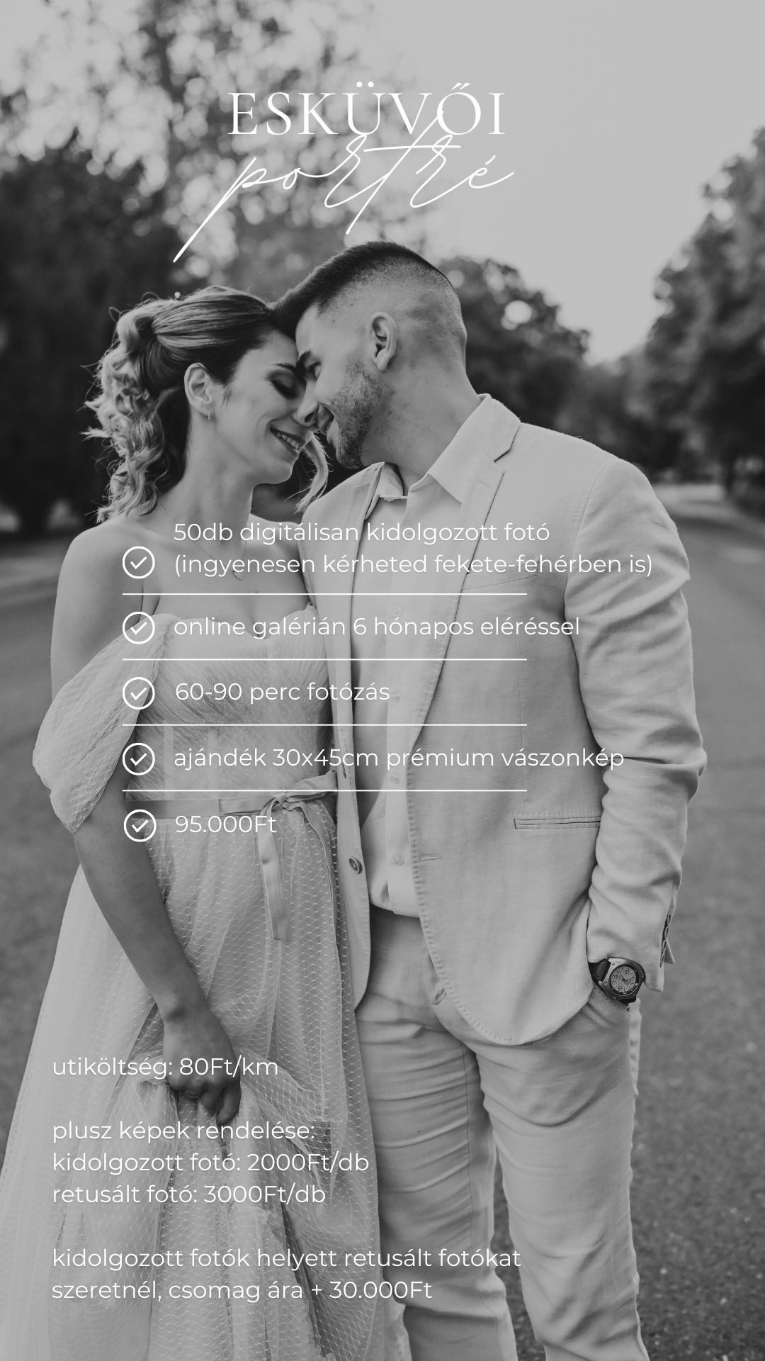 Black and white wedding photography pricing packages shown in elegant text overlay on romantic couple portraits.