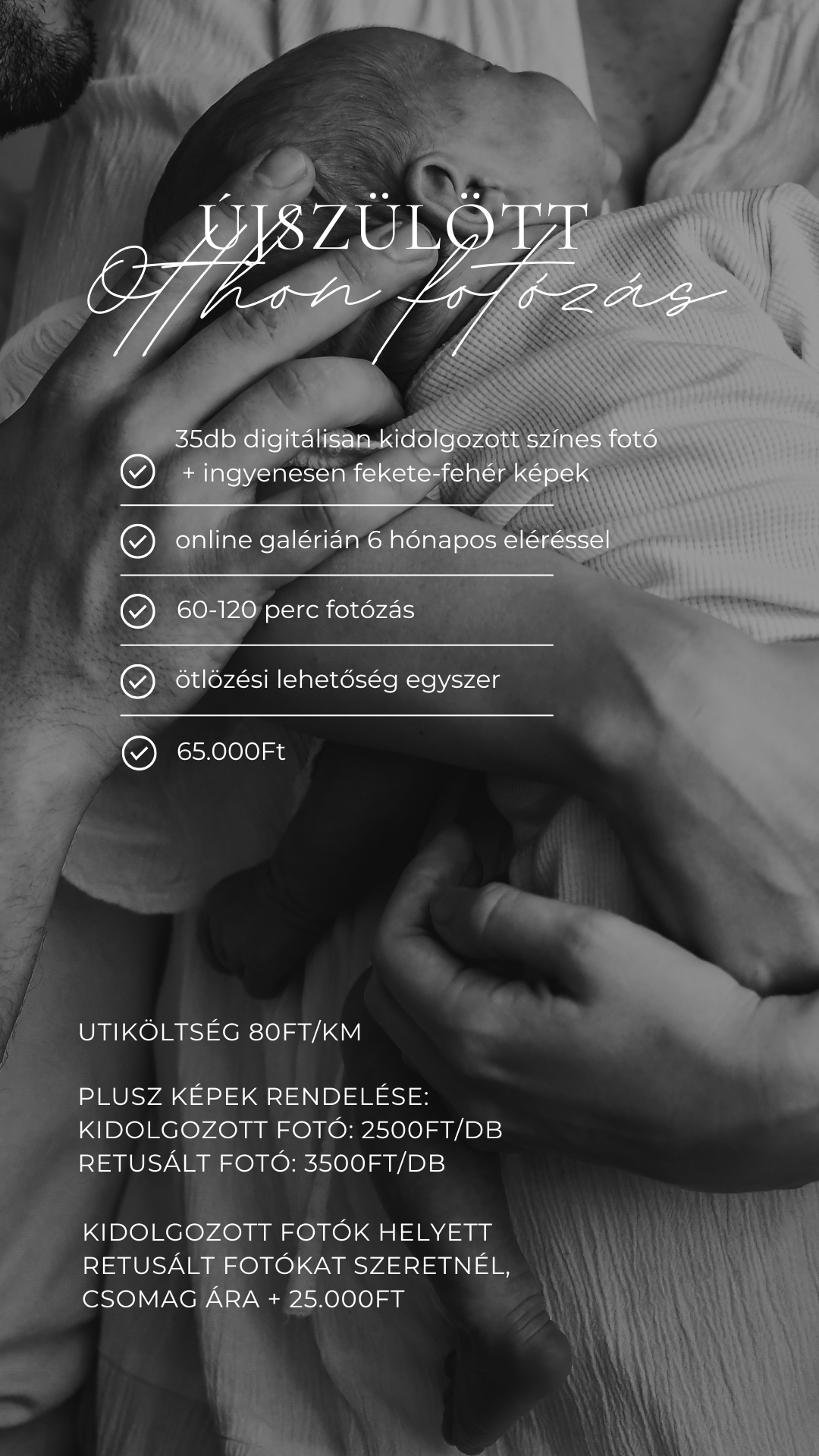 Artistic black and white photography pricing menu or service list displayed in elegant typography on blurred floral background.