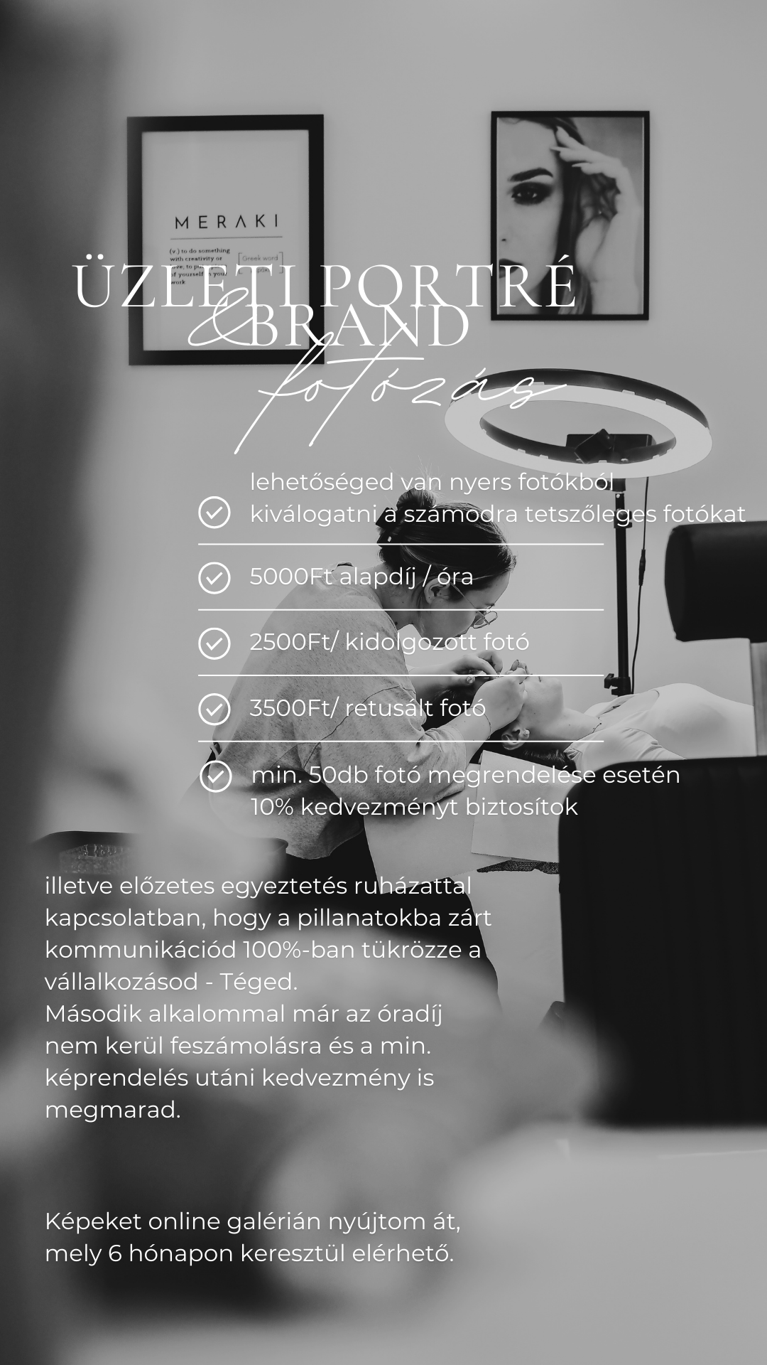 Minimalist black and white photography website layout showing portfolio sections and pricing information.