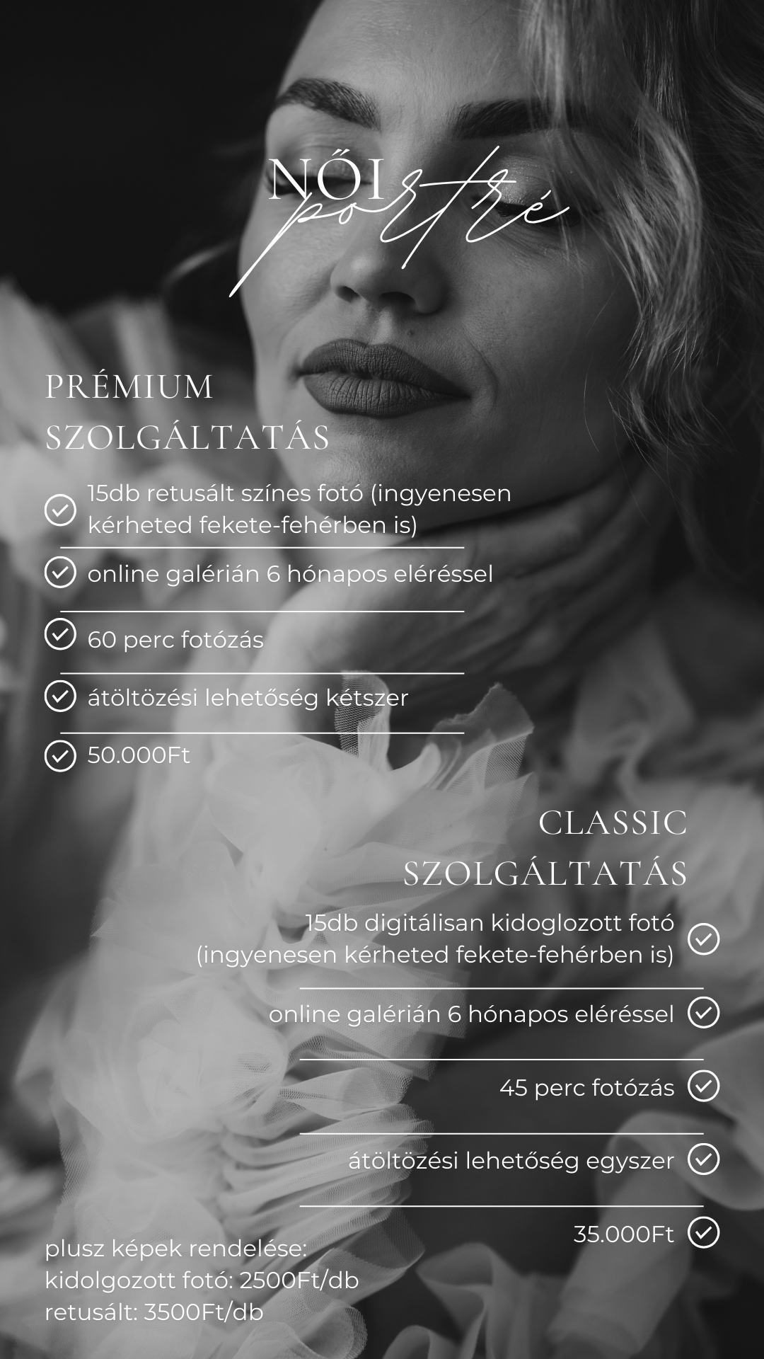 Black and white photography service pricing menu showing premium and classic package options with Hungarian text.