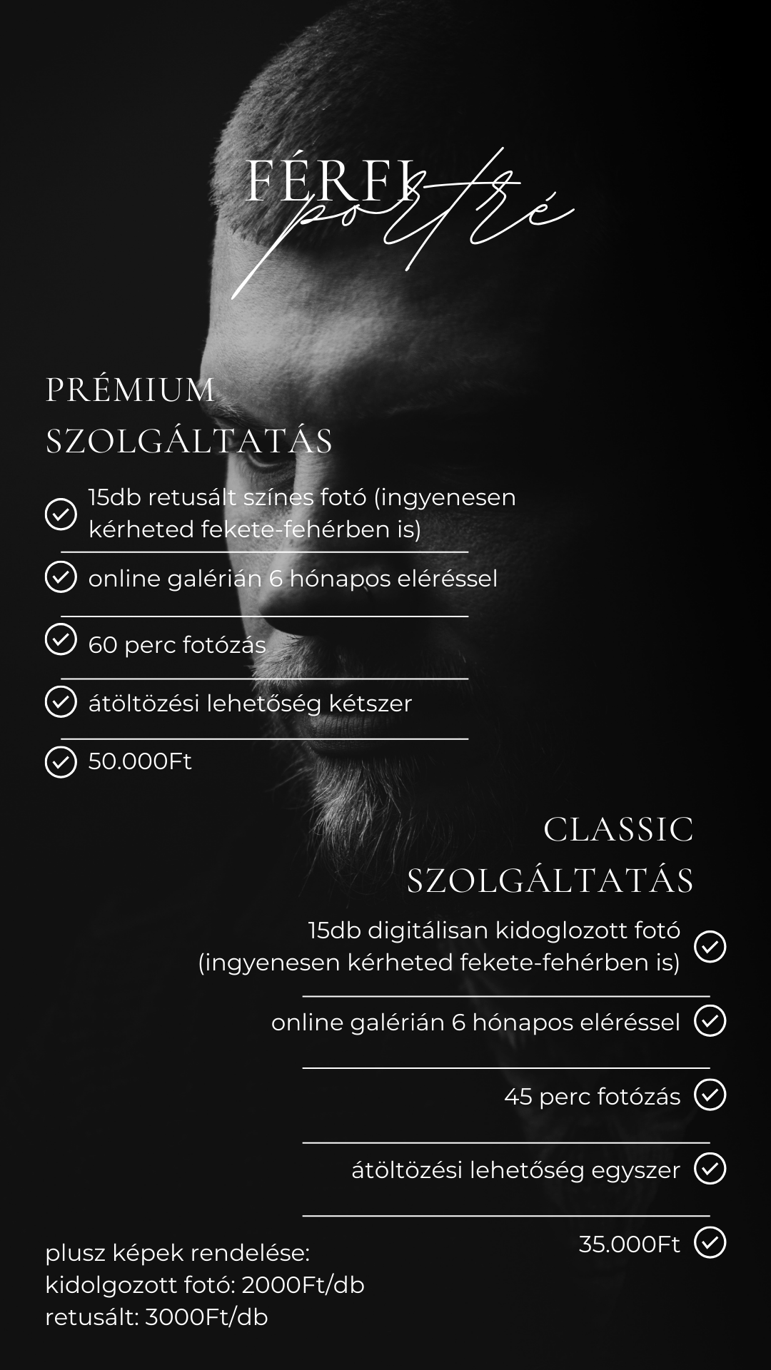 Black and white photography service pricing menu with premium and classic package options displayed on dark background.