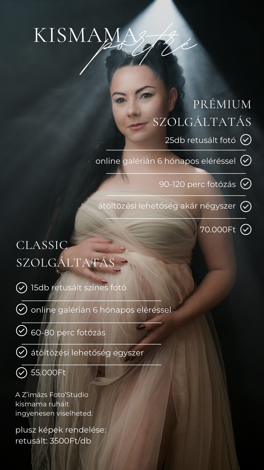Professional photography service pricing packages shown in elegant dark layout with tulle dress details.