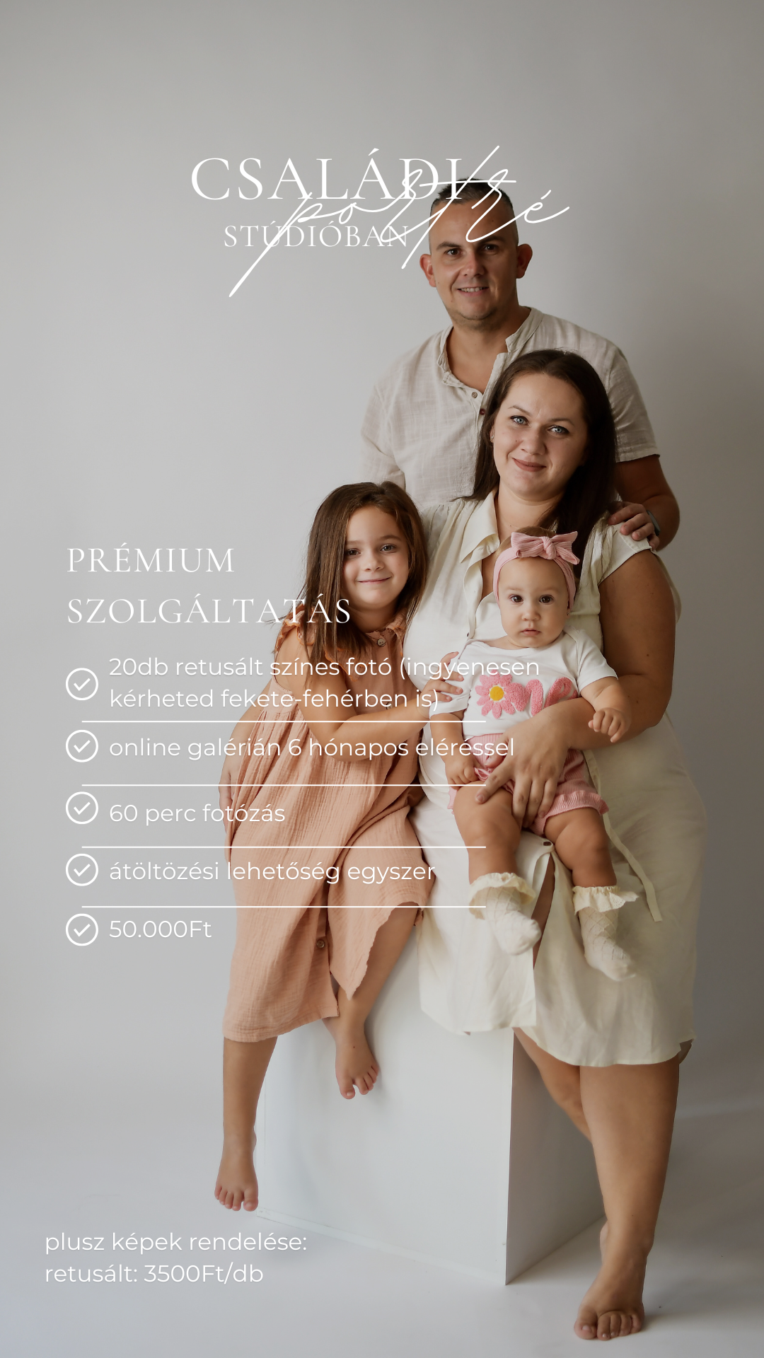 Professional family photography advertisement showing pricing and premium services in Hungarian language against gray background.