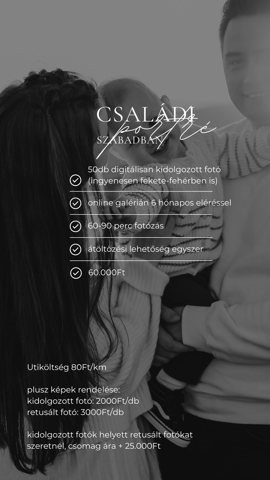 Black and white photography pricing packages shown in Hungarian text with different service tiers and costs.