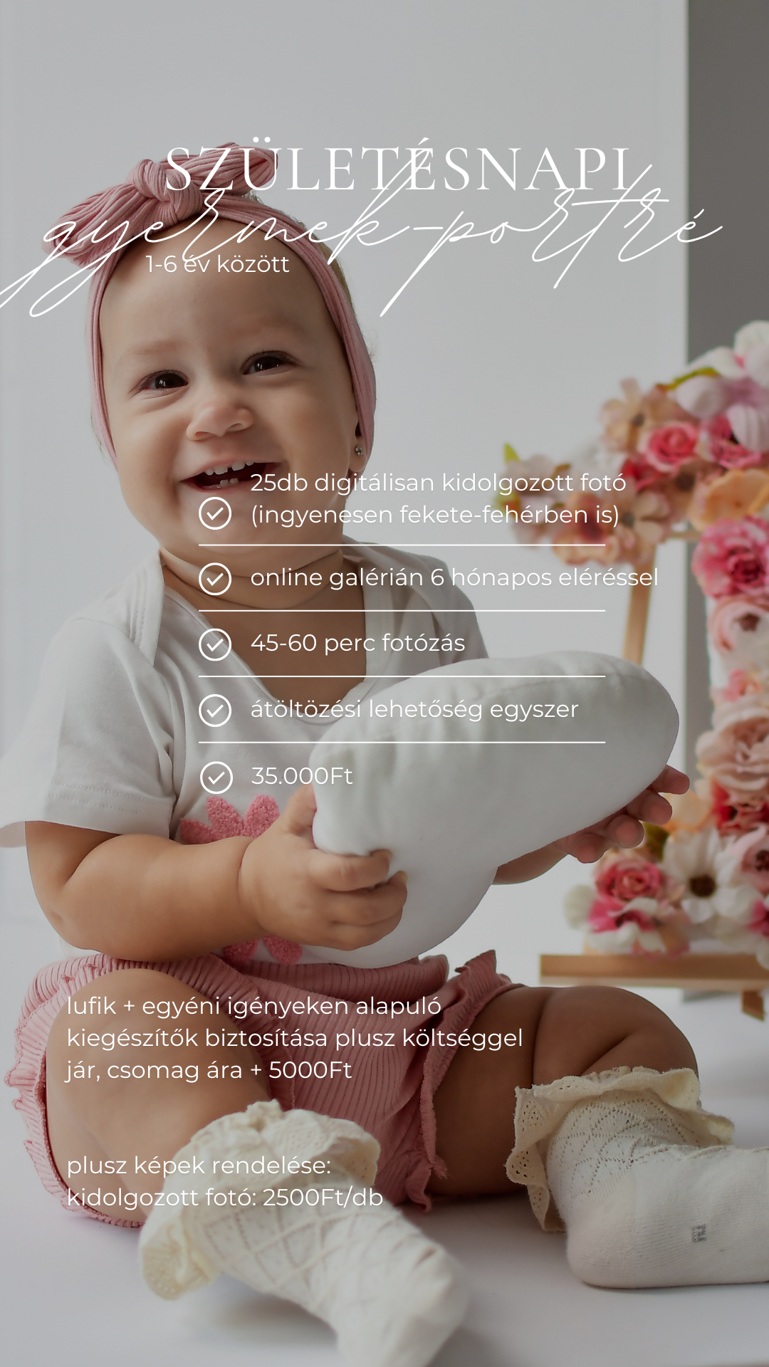 Three connected images showing a baby in white clothing sitting at a table with pink floral decorations and text overlays.
