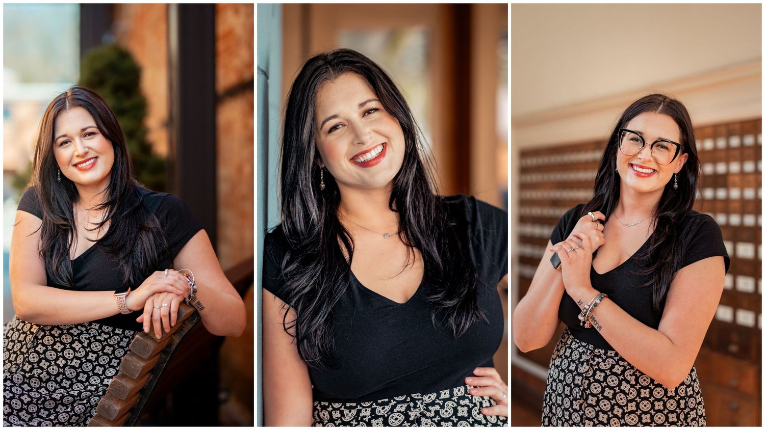 A professional composite photo showing three poses of a person in a black top and patterned skirt smiling outdoors.