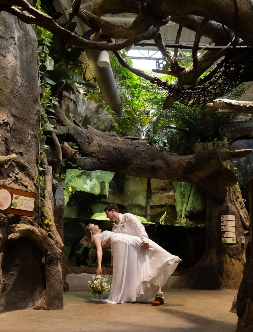An elegant figure in a flowing white dress poses gracefully in a rustic indoor garden setting with natural light streaming in.