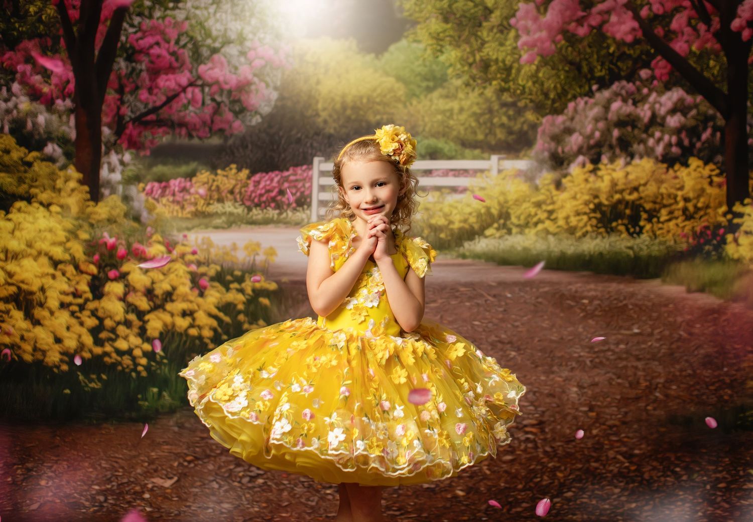 Yellow sundress glows against backdrop of pink cherry blossoms in spring portrait setting.