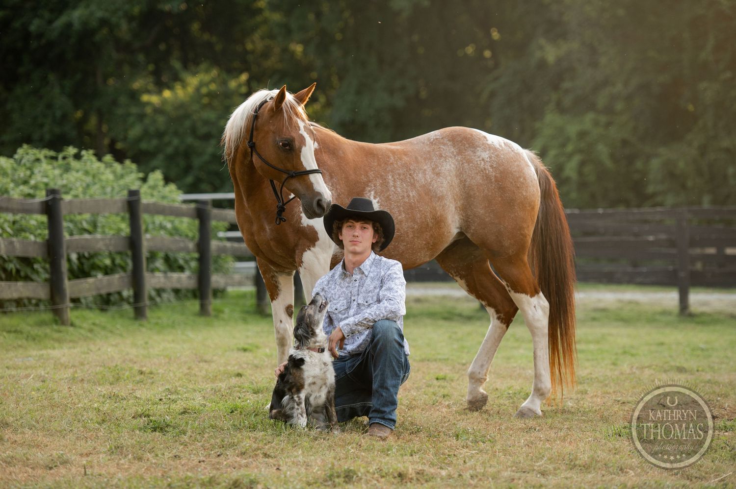 Paint horse and Border Collie dog pose together in fenced pasture during sunset.