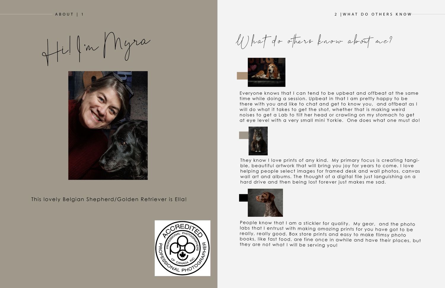 Photography portfolio book spread with text layout and design elements.