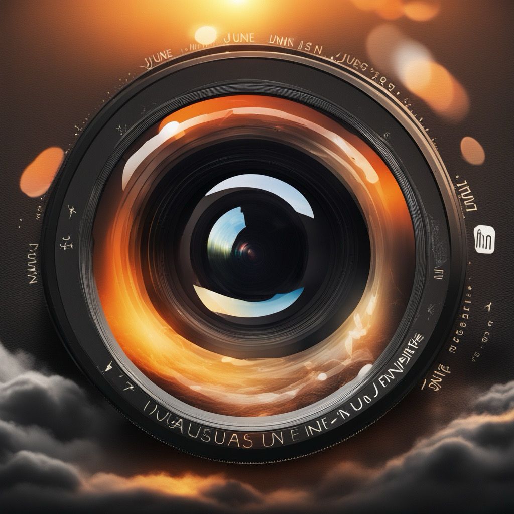 Macro shot of a camera lens with golden bokeh lighting effects and dramatic cloudy reflections.