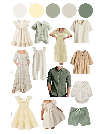 A collection of coordinated vintage-inspired clothing pieces in neutral tones featuring dresses, shirts, and children's wear.