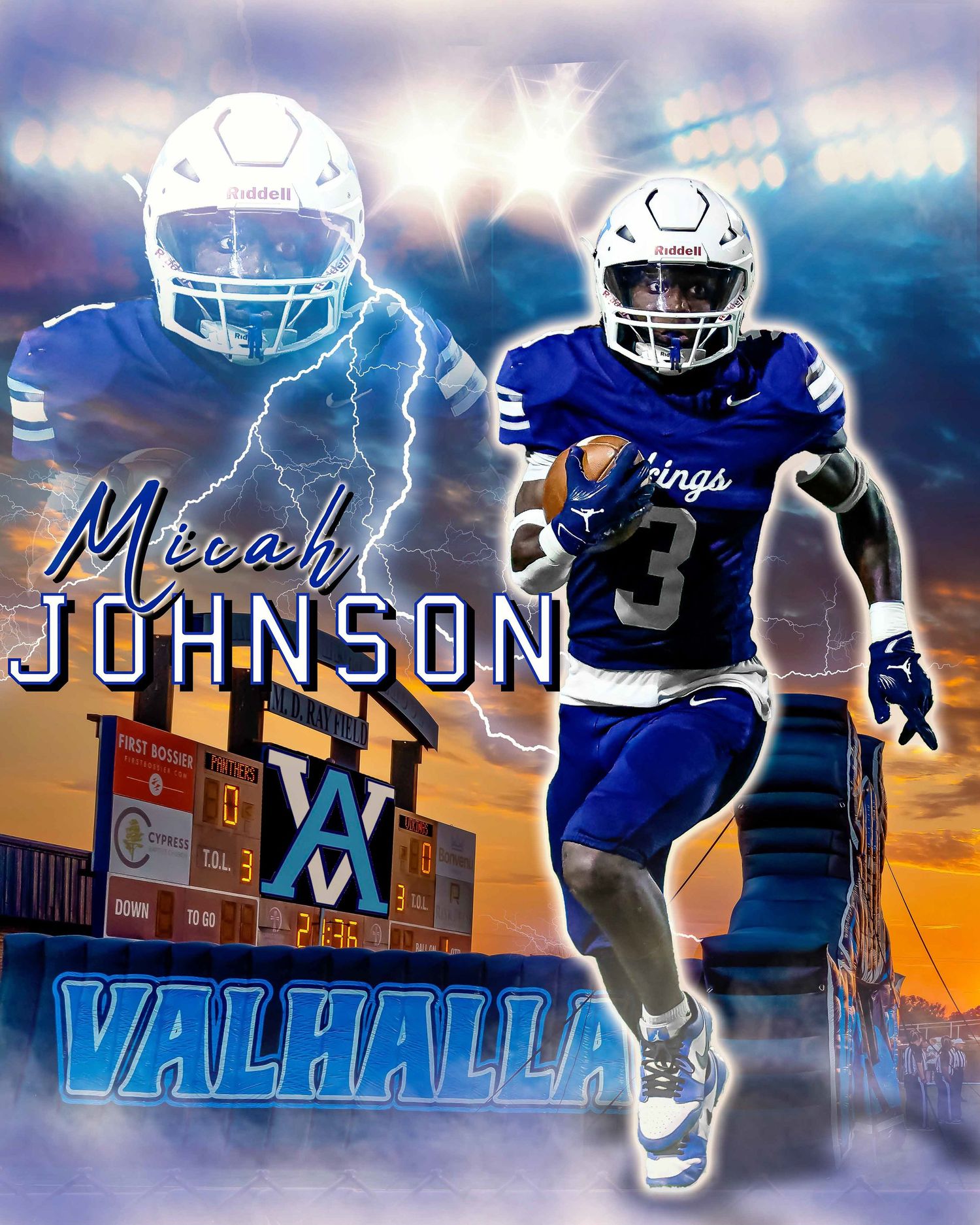 A football player in blue Kings jersey number 3 runs with lightning effects against a dramatic orange and blue stadium backdrop.