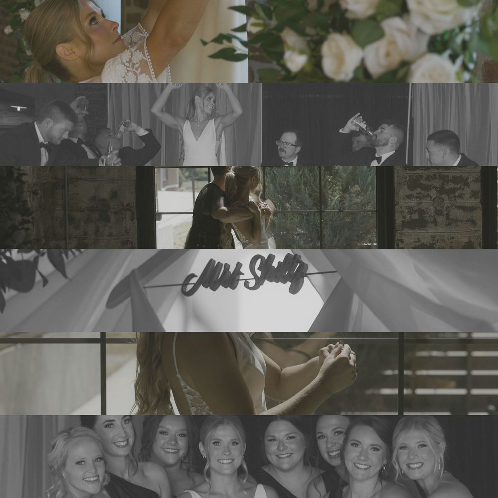 Black and white collage of wedding moments showing celebrations and dancing at a formal reception.
